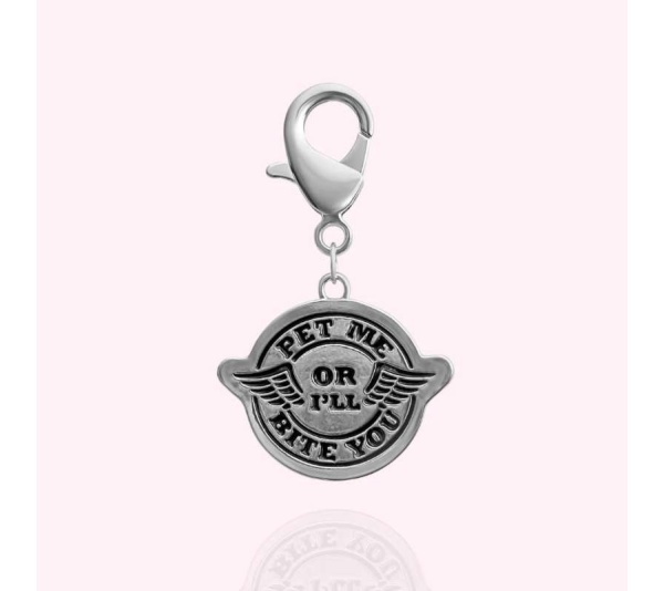 Silver - "Pet Me or I'll Bite You" Dog Collar Charm