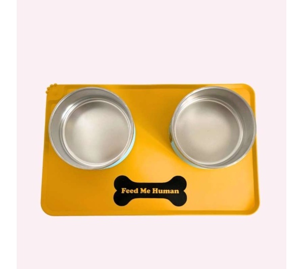 "Feed Me Human" Yellow Dog Food Mat