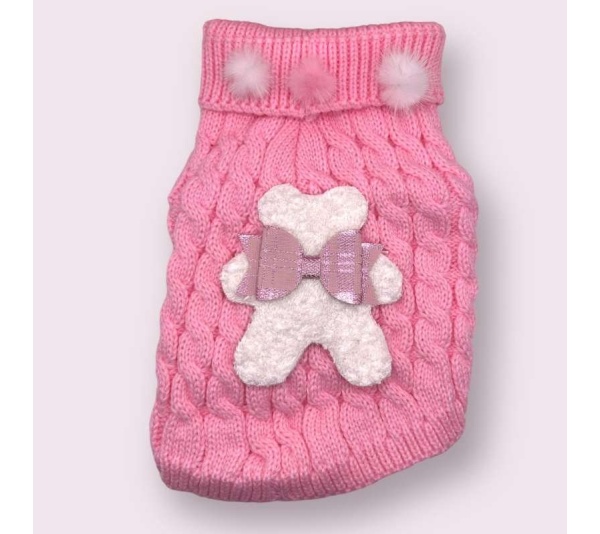 Terry Cloth Knit PomPom Bear Dog Sweater - Small