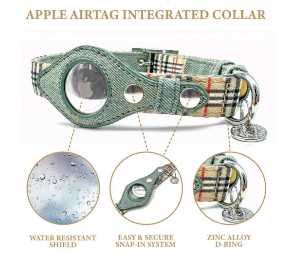 Beige Plaid & Denim - Apple Airtag Collar - XS