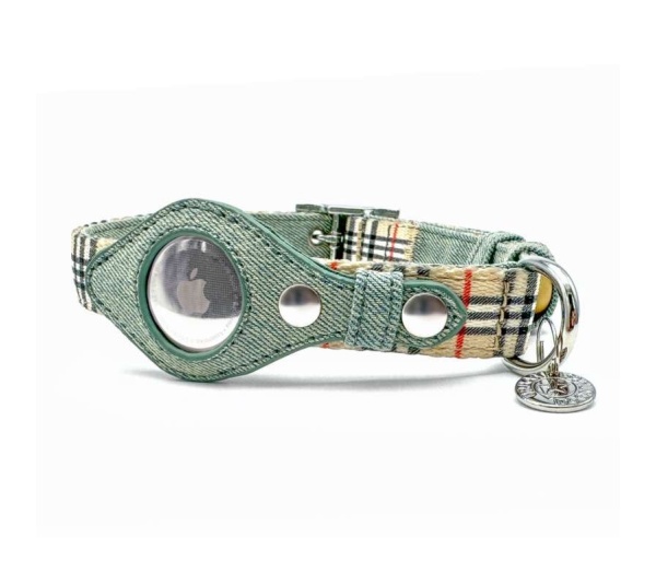 Beige Plaid & Denim - Apple Airtag Collar - Small
