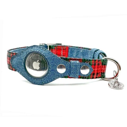 Red Plaid & Denim - Apple Airtag Collar - Small