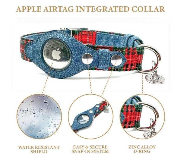 Red Plaid & Denim - Apple Airtag Collar - Large