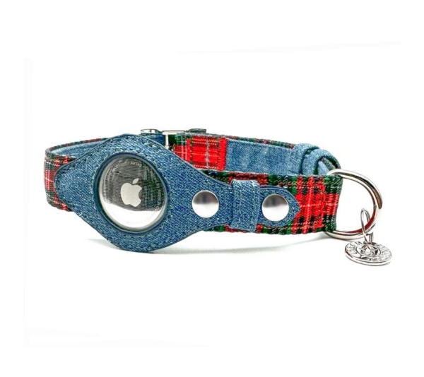 Red Plaid & Denim - Apple Airtag Collar - Medium