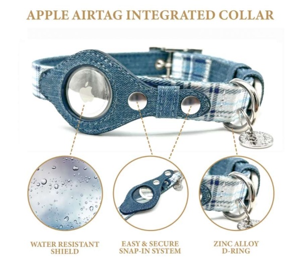 Blue Plaid & Denim - Apple Airtag Collar - Large