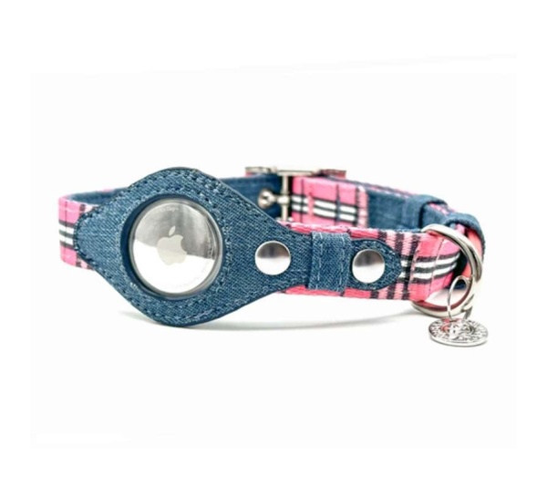 Pink Plaid & Denim - Apple Airtag Collar - Small