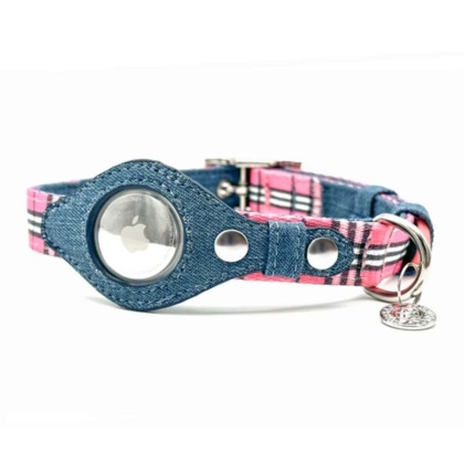 Pink Plaid & Denim - Apple Airtag Collar - XS