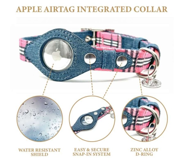 Pink Plaid & Denim - Apple Airtag Collar - Large