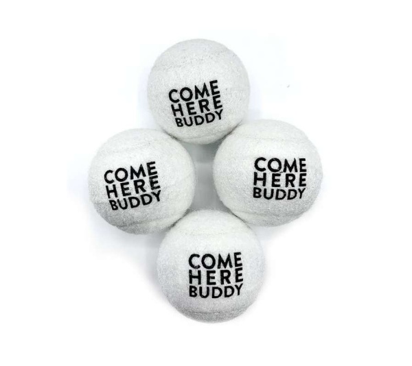 Set of 4 Come Here Buddy Tennis Balls in White