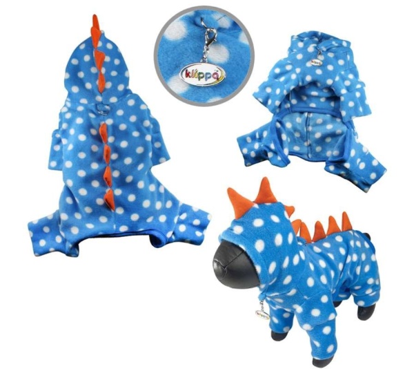 Blue - Polka Dots DINO Fleece Hooded Bodysuit/Pajamas - M