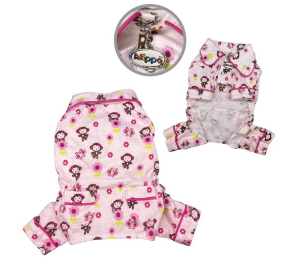 Pink - Girly Monkey Flannel Pajamas with 2 Pockets - S