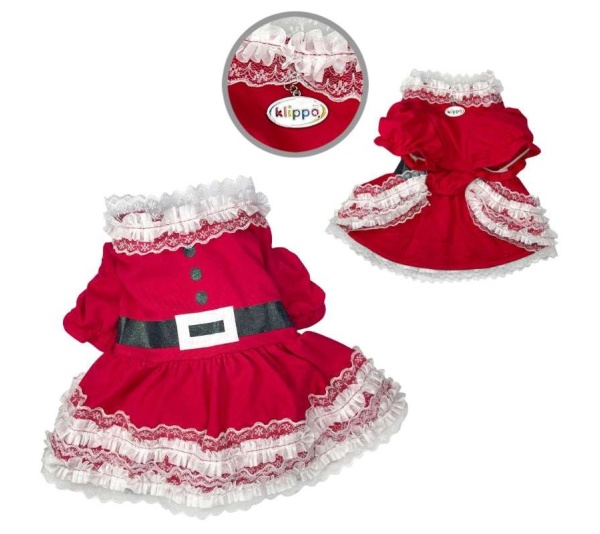 Red - Lace Ruffles Puffy Sleeves Christmas Dress - S