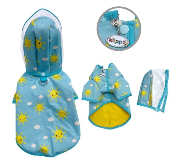 Blue - Clear View Happy Sunshine Raincoat with Fleece Lining and Detachable Hood - L