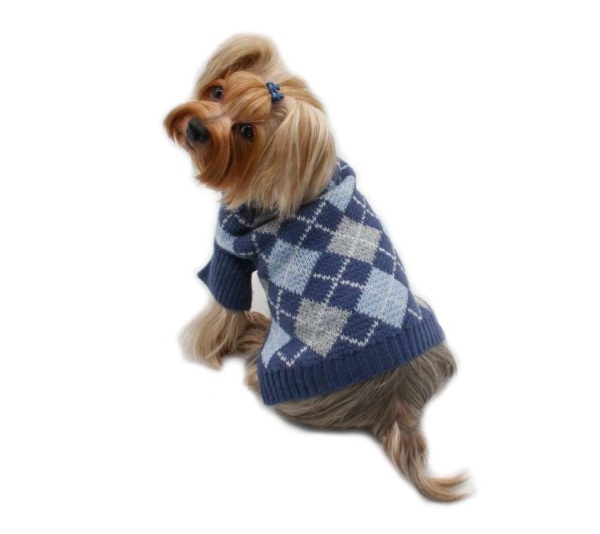 Blue - Argyle Turtleneck Sweater in Navy/Grey/Light Blue - L