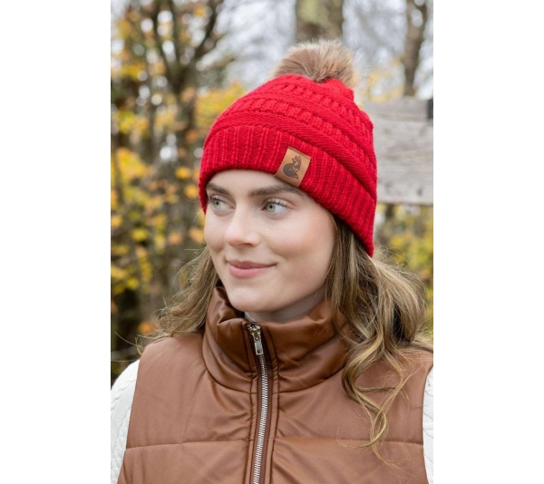 Scarlet Ribbed Beanie with Pom