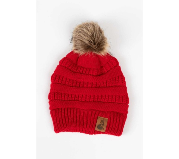Scarlet Ribbed Beanie with Pom