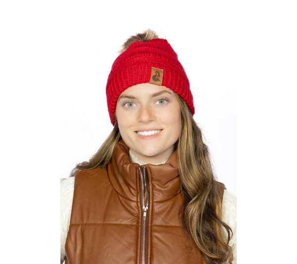 Scarlet Ribbed Beanie with Pom
