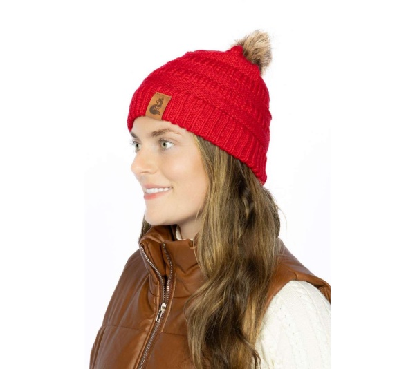 Scarlet Ribbed Beanie with Pom