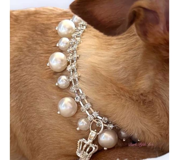 Rhinestone & Pearl Crown Necklace - 14"