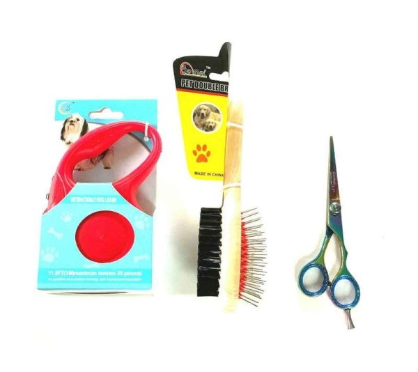 Retractable Dog Leash Double Brush Grooming Hair Scissors Complete Gift Set