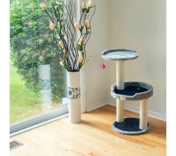 3 Level Real Wood Cat scratcher, x2905, Gray W Plush Perch