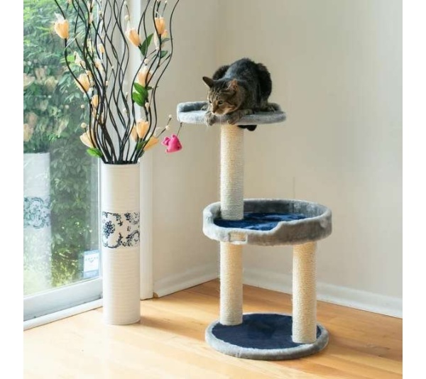 3 Level Real Wood Cat scratcher, x2905, Gray W Plush Perch