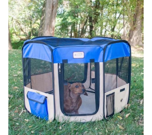 Armarkat Portable Pet Playpen In Blue and Beige Combo