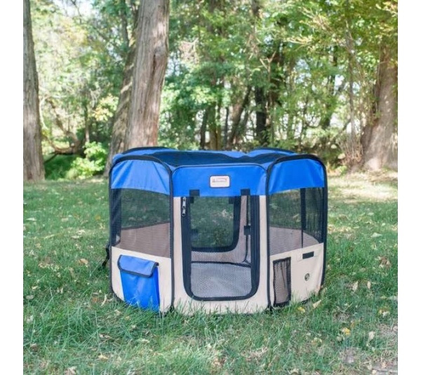 Armarkat Portable Pet Playpen In Blue and Beige Combo