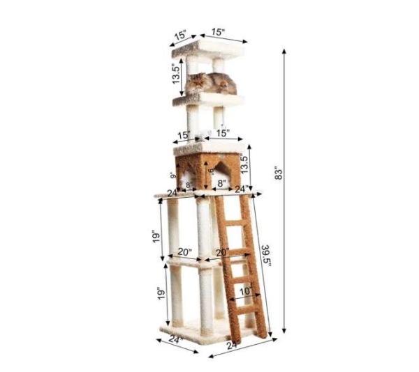 Real Wood  Multi-Level Cat Tower X8303 Cat Tree In Beige