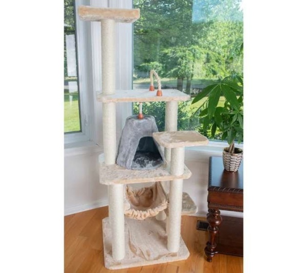 Real Wood 65" Cat Tree With Hammock, Playhouse A6501