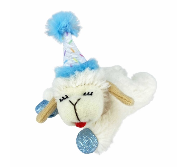 Blue - Multipet Lamb Chop w/ Birthday Hat Cat Toy  - 4"