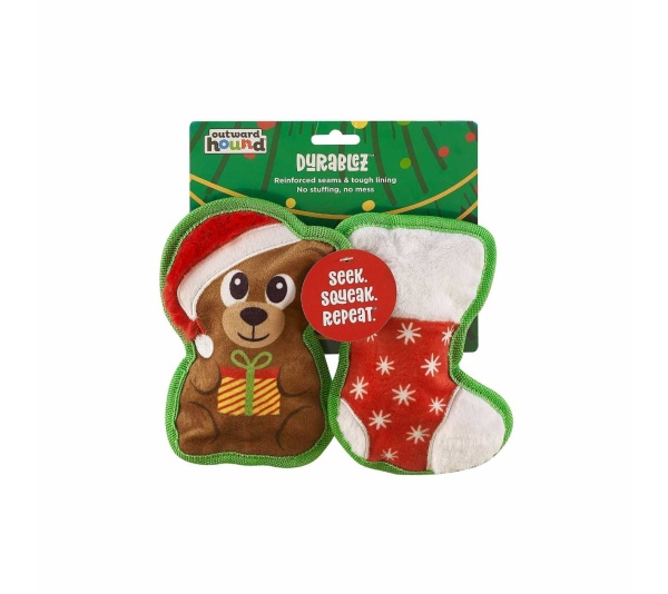 Outward Hound Durablez Bear/Stocking Dog Chew Toy XS 2pk