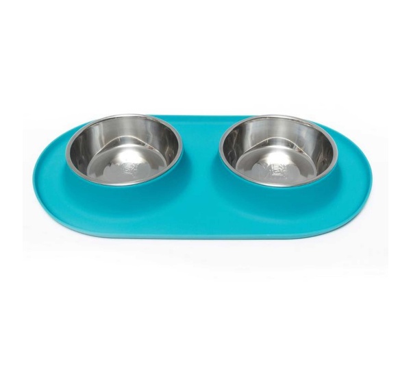 Blue - Messy Mutts Double Silicone Feeder with Stainless Bowls  - XL