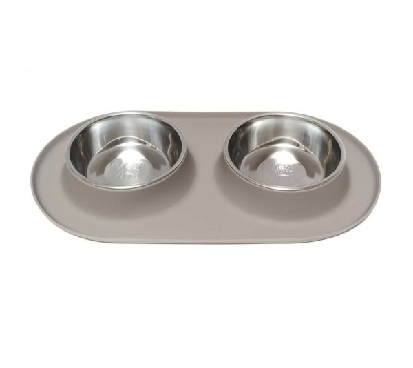 Grey - Messy Mutts Double Silicone Feeder with Stainless Bowls  - XL