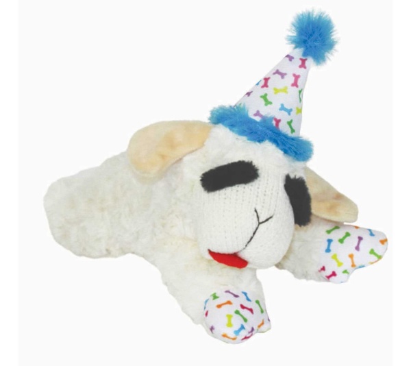 Blue - Multipet Lamb Chop w/ Birthday Hat Plush Dog Toy  - 10.5"