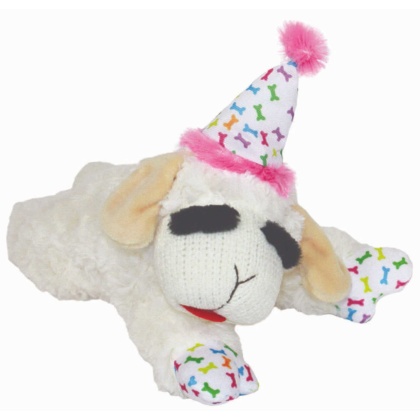 Pink - Multipet Lamb Chop w/ Birthday Hat Plush Dog Toy  - 10.5"