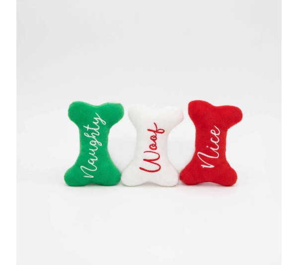 ZippyPaws Holiday Miniz Naughty and Nice Bones Plush Dog Toy 3pk