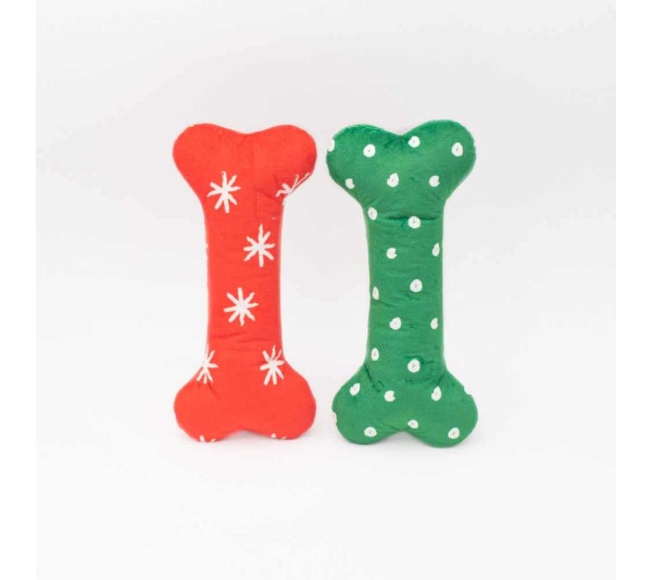 ZippyPaws Holiday Patterned Bones Plush Dog Toy Large 2pk